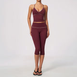Summer Color Blocking Yoga Suit Women Tracksuit Hanging Neck V Neck Slim Sports Vest Tight Hip Lifting Capri Pants Fitness Sets