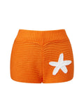Women Slim Fit Stylish Decorative Starfish Ribbed Elastic Mid Rise Shorts Spring/Summer Holiday Beach Casual Knit Shorts