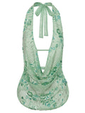 Women Flower Sequins Halter Vest Sleeveless Backless Deep V Neck Camisole Vintage Sexy Tank Top Streetwear