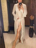 New Sexy V Neck Ruffled Long Sleeve Chiffon Tunic Beach Cover Up Cover-ups Beach Dress Beach Wear Beachwear Female Women V5976