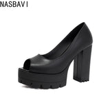 Ladies Vintage Flock Black Peep Toe Pumps Classic Summer Chunky High Heels Women Slip On Party OL Single Shoes Big size 36-46