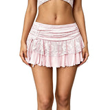 2026 Summer Women Mini Skirt Lace Floral Tiered Ruffle Low Waist Side Drawstring Going Out Cake Skirts