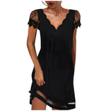 Womens Dresses Fashion Lace Mesh Patchwork Short Sleeve Bodysuit Clothes Elegant Temperament Party Knee Length Women Vestidos