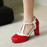 Spring Autumn New Style Fashion High-heeled Women's Shoes Color Block Round Head Shallow Mouth Buckle Square Heel Women's Shoes