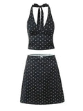 2026 Women Vintage Black White Polka Dot A-line Knee Length Skirt Sexy Low Waist Holiday Summer Skirts Slim Mini Skirts J7L2