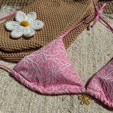 Sexy Mesh Flower Bikinis Sets Women Hot Pink Halter Push Up Bra Tie Side Swimsuit 2026 Beach Bathing Suit Holiday Micro Swimwear