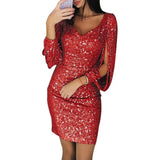 Bodycon Mini Dress Gown Mini Dress 2025 Party Dress Women Glitter V Neck Hollow Out Tassel Long Sleeve