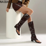 Plus Size Women Open Toe Thong Knee High Boots Metal Buckle Ruched Mid Block Heel Tall Sandal Boots Fashion Streetwear Long Boot