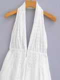 Foridol White Beach Summer Dress Women Backless Cotton Lace Short Autumn Sundress Women Clothing Halter A-line Pleated Dress