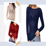 Women Mesh Bottoming Shirt See through O Neck Long Sleeve Lady Blouse Slim Fit Sexy Clear Sun Gauze Tops