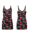 New Sexy Black Nightgown for Women Red Heart  Love Print Satin Lace Trim Mini Chemise Adjustable Spaghetti Strap Lingerie