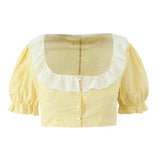 Foridol Gingham Printed Yellow Women Summer Dress Set Lace Top+skirt Sets Vintage French Style Midi Dress Oufits Plaid Vestidos