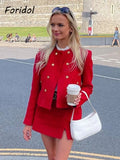 Foridol Double Breasted O Neck Short Blazer Skirt Sets Two Pieces Office Ladies Red Winter Thick Cozy Suits Elegant Blazer Top