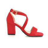 Big Size Casual Women Sandals Black Flock 7cm High Square Heels Peep Toe Summer Cross Buckle Strap Party Office Red Lady Sandals