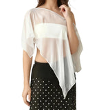 Women Loose Boat Neck Irregular Coverup Tops Casual See Through Shrug Solid Color Sheer Mesh Poncho