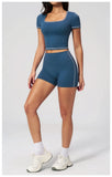 Speed Drying Tight Yoga Sets Women Color Contrast Short Sleeve Slim Sports Top High Waist Leggings Running Fitness Athletic Wear
