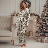 Christmas Pajamas Sets for Women Print Button Up Long Sleeve Lapel V Neck Tops and Pants Lounge Wear Satin 2 Pieces Suits
