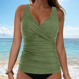 Women's Removable Padded Tankini Top V Neck Waist Defining Ruffled Separate Swimsuit Top Ruched Support Bathing Suit Swim Top