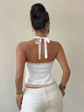 FDYOUO Sexy Halter Lace Patchwork Camisoles Women Fashion Backless Hollow Out Corset Pink White Bandage Tanks Top Y2K Streetwear