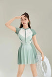 New Sports One-piece Fashionable Swimsuit for Women, Color Blocked High Waist, Belly Covering, Slimming Skirt, Vacation Swimsuit