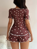 Women 2 Pieces Pajamas Set Heart Printed Short Sleeve T-shirts and Shorts Sets Casual Home Wear Loungewear Summer Sleepwear