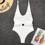 V Neck Ribbed High Cut Women Swimwear One Piece Swimsuit Female Backless Monokini with Waist Belt Bathing Suit Swim Beachwear