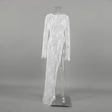 Woman Clothing 2026 O-neck Hollow Out High Slit Long Maxi Lace Dress Black Streetwear Ladies See-through Black T-shirt Dresses