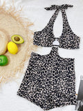 2 Colors Sexy One Piece Swimsuit Swimwear Women Black Leopard Colorful Print High Waist Halter Bathing Suit Beachwear Metal Hoop