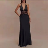Summer Backless Sexy Long Dresses Women's Gown Patchwork Lace Halter V Neck Sleeveless High Waist Elegant Vestidos Para Mujer