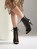 Plus Size Women Patent Leather Mesh Spliced Ankle Boots Back Zipper Peep Toe Lace Up Stiletto High Heels Hollow Out Summer Booti