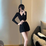 Split Swimsuit Women's Two-piece Solid Color Skirt Style Fairy Style Long Sleeved Sunscreen Sports Flat Pants Swimsuit