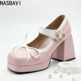 Purple Women Pumps Square Toe 9cm For Women Mary Janes Lolita Block Heel Platform Bowknot Princess Leather Shoes Big Size 34-48