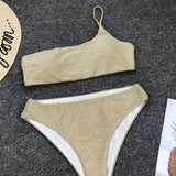Shiny Glitter Sparkling High Waist Bikini Female Swimsuit Women Swimwear Two-pieces Bikini Set One Shoulder Bathing Suit V1264