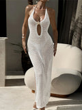 Halter Hollow Out Backless Crochet Knitted Tunic Beachwear Beach Dress Beach Wear Female Beach Cover Up Cover-ups Women V7504