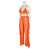 DEKAWomen Tassel Pants Knitted Bra Top Bikini Set Swimsuit Handemade Crochet Bikini Cover Up Tassel Beach Long Wrap Pant