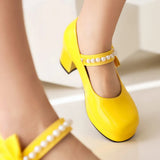 Pearl Beaded High Heels Shoes Ladies Wedding Mary Janes Block Heeled Pumps Woman Hook&Loop Tacones Wedges Escarpins Femme