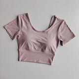 Women's Quick-Dry Yoga Sports Top with Chest Cushion Sexy Short-Sleeved Fitness T-Shirt Tight-Fitting Navel Revealing Yoga Suit