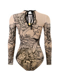 2026 Printed Mesh Swimsuit One Piece & Beach Dress Long Sleeves Swimwear Women Bathing Swimming Swim Suit Padded Beachwear