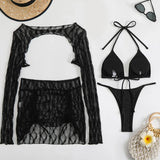 2025 European and American New Solid Color Special Mesh Four-piece Beach Swimsuit Sexy Bikini Burkini Muslim Swimwear