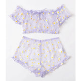 Mesh Floral Printed Off Shoulder 2Pcs Lingerie Set for Women Sexy Underwear Transparent Tops+Shorts Panties Exotic Sets