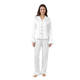Women Satin Fall 2 Piece Pajama Set Fuzzy Trim Long Sleeve Button-up Tops and Elastic Waist Pants Casual Sleepwear Outfit