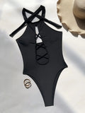 sexy front cross hollow swimsuit one piece solid halter tie bikinis thong swimwear bodysuits women biquini bathing suits 7 color