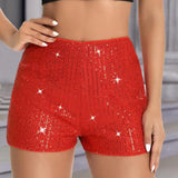 Women Shorts Shiny Sequin High Elastic Waist Straight Slim Fit Soft Breathable Above Knee Length Club Party Beach Mini Shorts