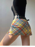 Plaid Double Waistband A-line Short Skirt  Women American Style Street High Waist Casual Collision Color Wrap Hip Skirt OJR7