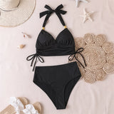 S - XXL 2026 Ribbed Halter Mid Waist Bikini Female Swimsuit Women Swimwear Two-Pieces Bikini Set Bather Bathing Suit Swim V6447