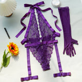 New Purple Sexy Lace Bodysuits Deep V Neck Halter Mesh Solid Color Bodysuits Charming  Pure Desire Transparent Flower Print OOB5