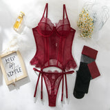 Toucheart Erotic Lingerie Set Women Romantic Tight Fishbone Bra Heavy Industry Lacemesh Hollow Splicing Garter Belt Andstockings