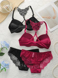Women's Front Buckle Design Underwear Set Sexy Lace Rear Underwear Pulling Up Bra Black+Wine Red 2-piece Set A2130