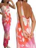 Summer Tie-Dye Floral Print Backless Party Dress Women Sleeveless Spaghetti Strap Sexy Bodycon Dress for Vacation Cocktail Beach