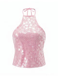 Women’s Backless Sequin Vest Summer Slim Fit Halter Tank Tops Summer Club Party Sexy Sleeveless Shirts Streetwear